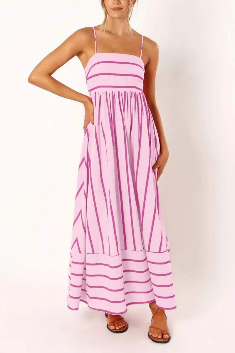 Chouyatou Women's Striped Back Smocked Maxi Dress Sexy Spaghetti Strap Cut Out Flowy Swing Long Dress