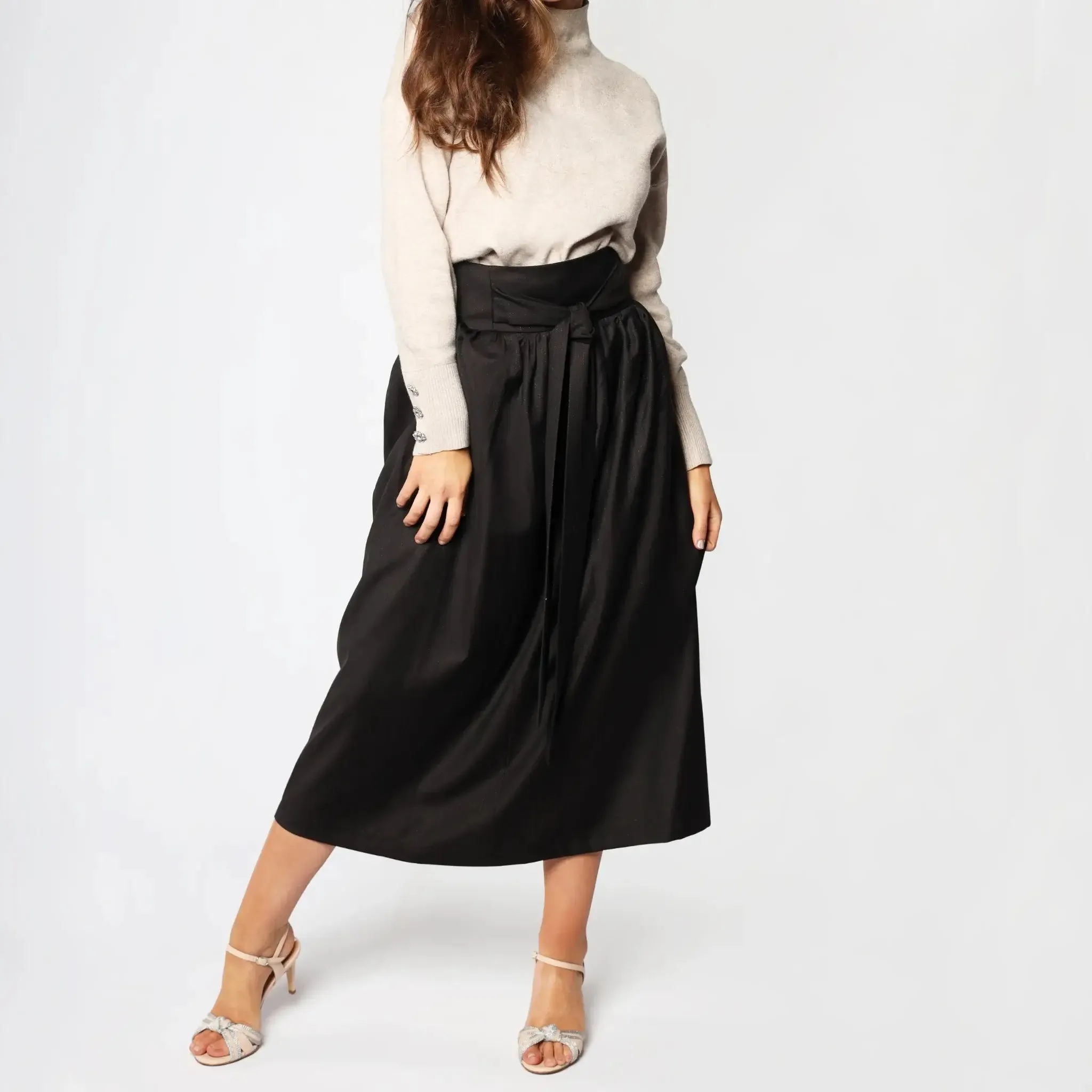 Coffee Brown High Waist Tie Italian Women's Midi Skirt