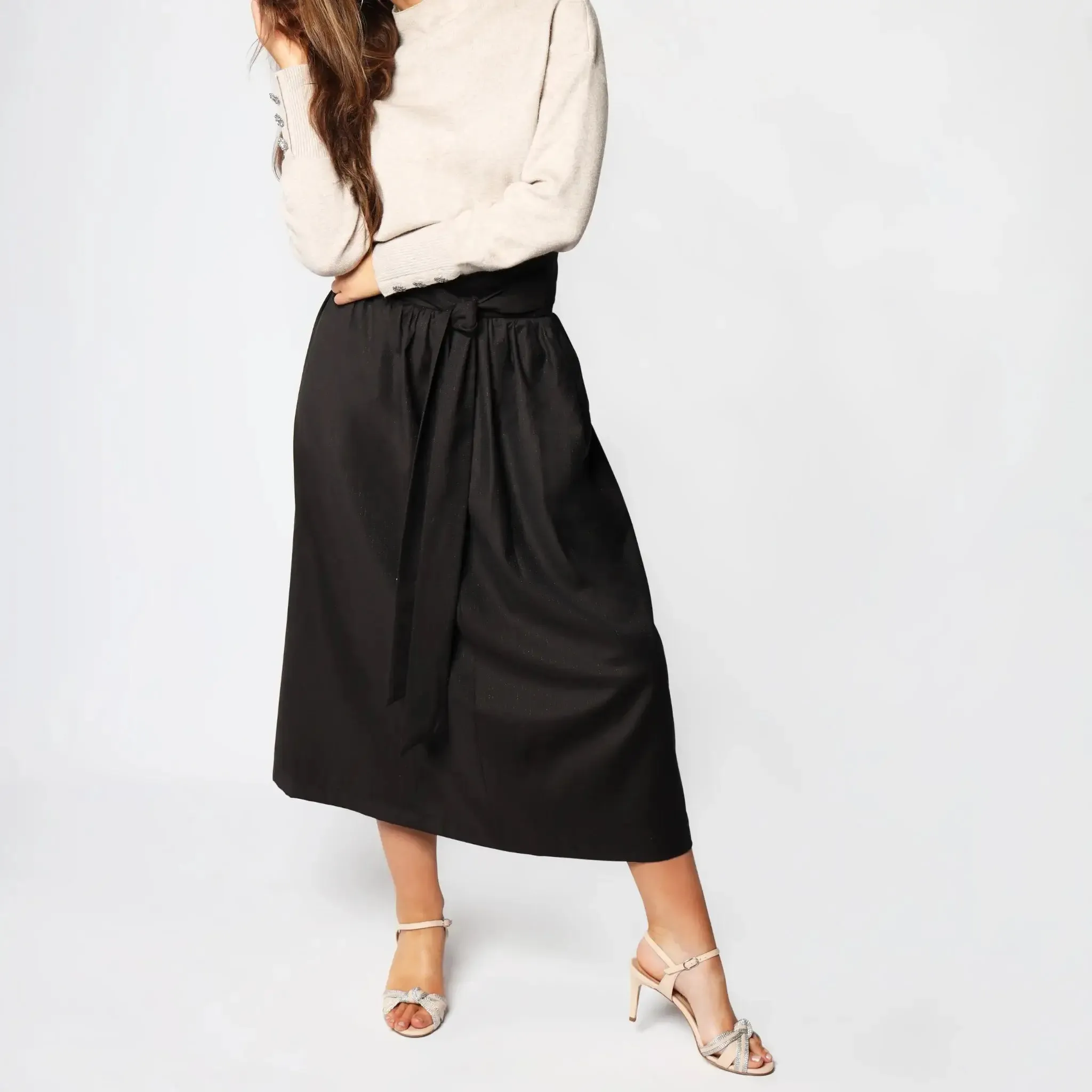 Coffee Brown High Waist Tie Italian Women's Midi Skirt