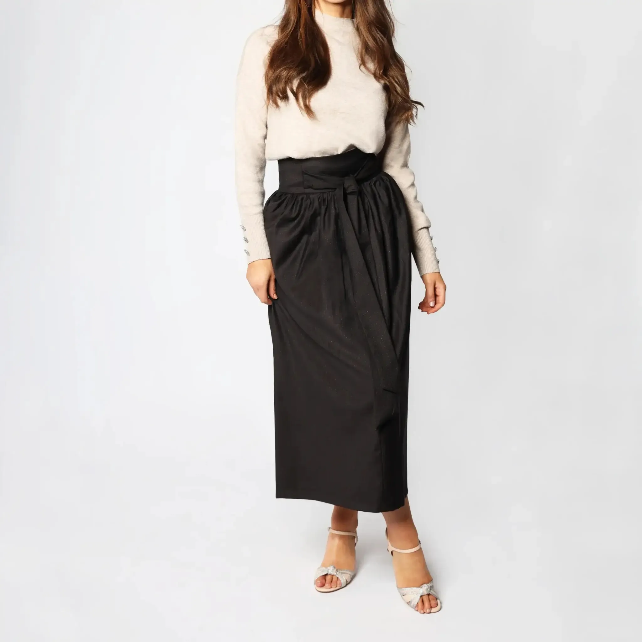Coffee Brown High Waist Tie Italian Women's Midi Skirt