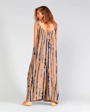 Cotton Silk Blend Drip Striped Tie Waist Curved Jumpsuit