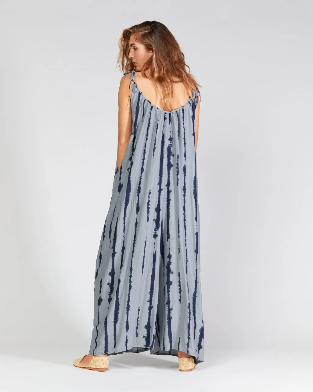 Cotton Silk Blend Drip Striped Tie Waist Curved Jumpsuit