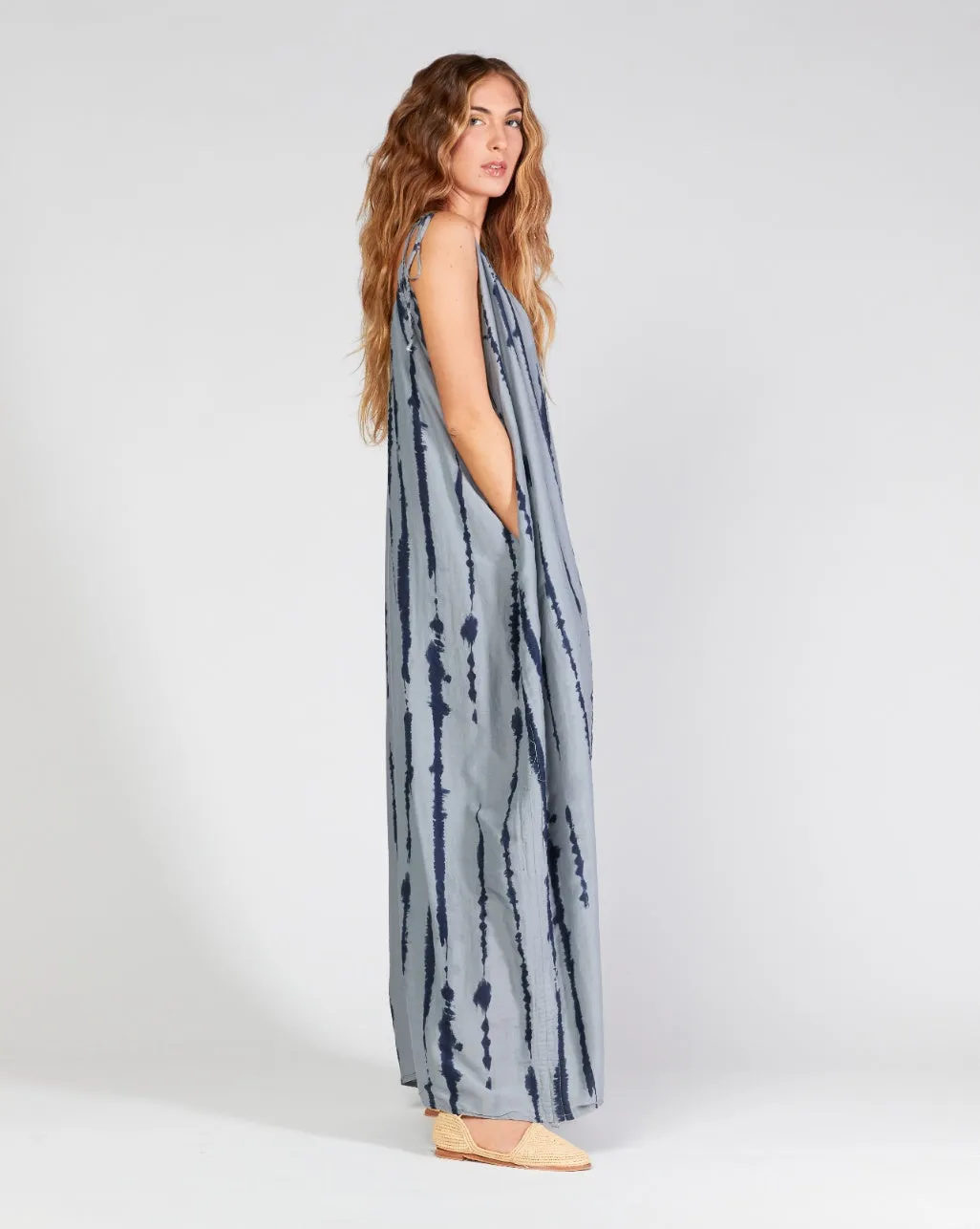 Cotton Silk Blend Drip Striped Tie Waist Curved Jumpsuit