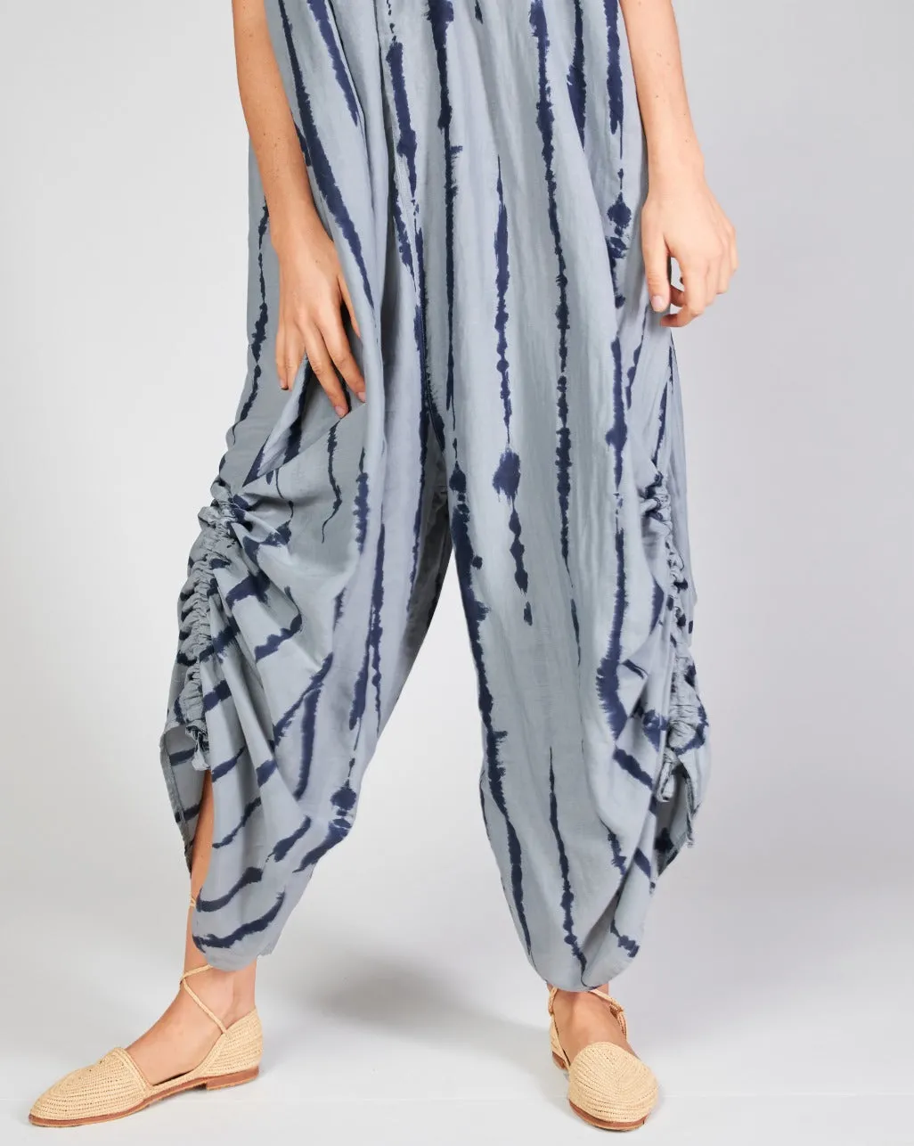 Cotton Silk Blend Drip Striped Tie Waist Curved Jumpsuit