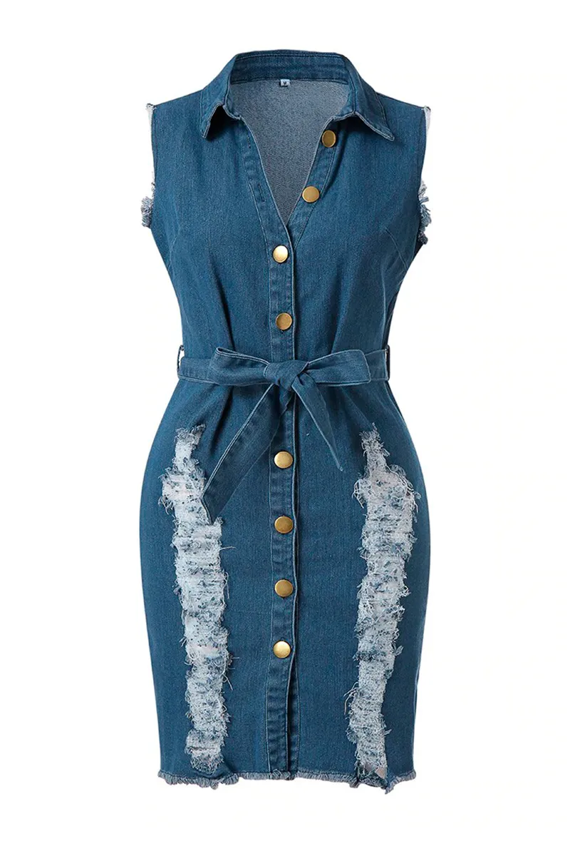 Distressed Button Front Denim Dress