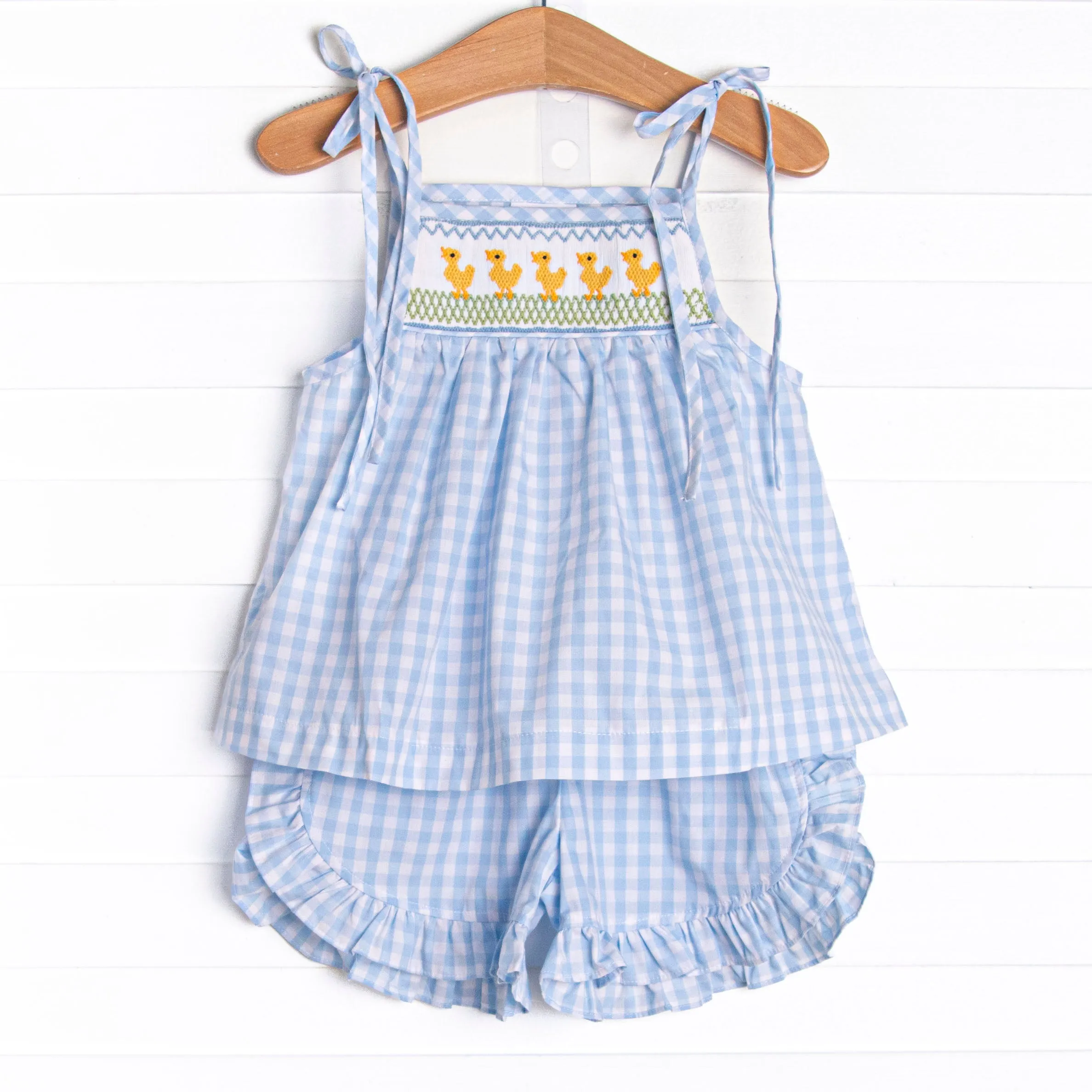 Duckling Dash Smocked Ruffle Short Set, Blue