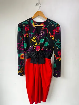 Escada Black and Red Abstract Floral Dress with Bow