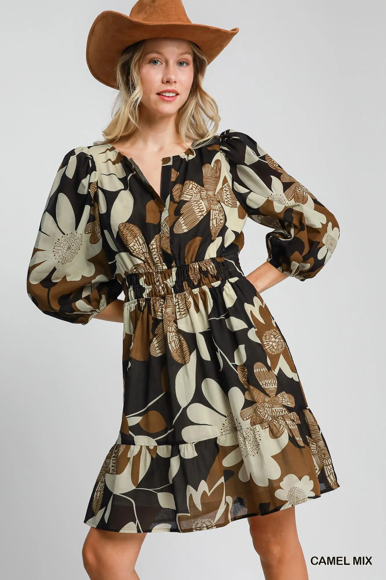 Fall Floral Abstract Print Dress With Smocked Waist