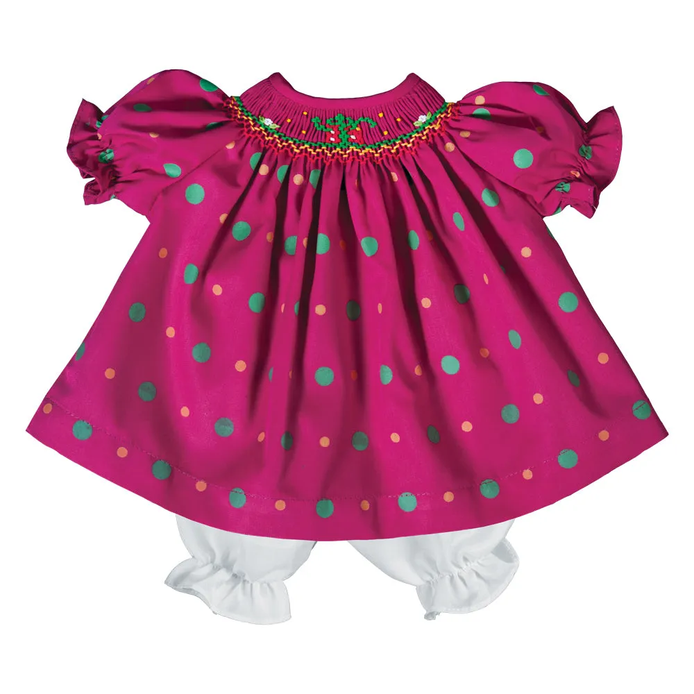 Fancy Presents Magenta Multi Dot Smocked Doll Dress