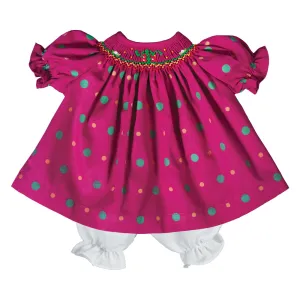 Fancy Presents Magenta Multi Dot Smocked Doll Dress