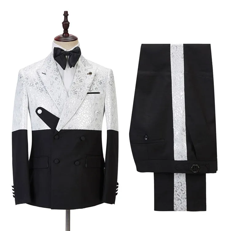 Fashion Black and White Jacquard Peaked Lapel Men Suits Online