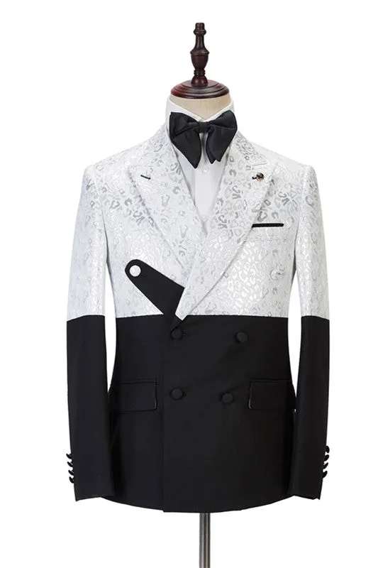 Fashion Black and White Jacquard Peaked Lapel Men Suits Online