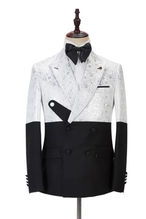 Fashion Black and White Jacquard Peaked Lapel Men Suits Online