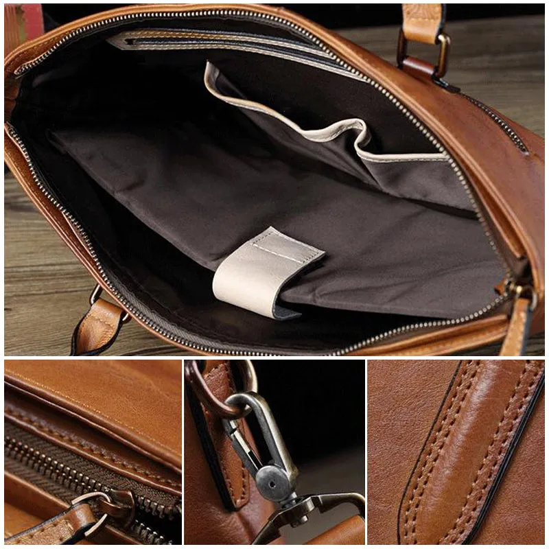 Full Grain Leather Men Shoulder Bag Casual Messenger Bag Laptop Bag