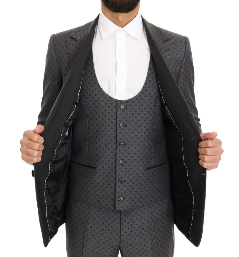 Gray Polka Dotted Slim Fit 3 Piece Suit