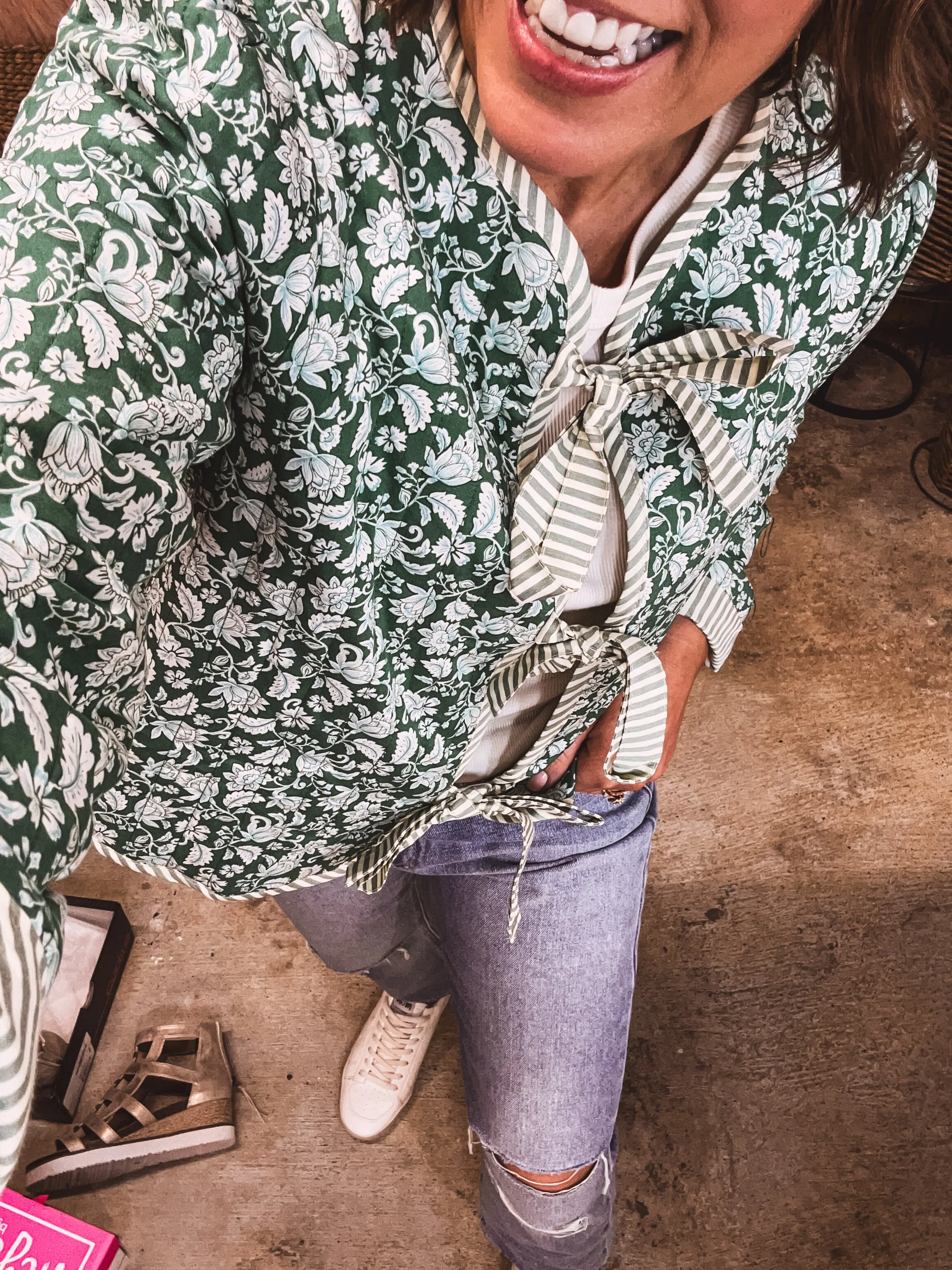 Green   White Vines Floral Quilted Jacket with Stripe Tie