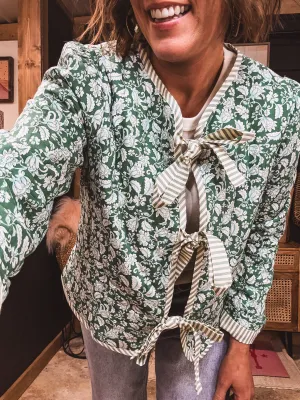 Green   White Vines Floral Quilted Jacket with Stripe Tie