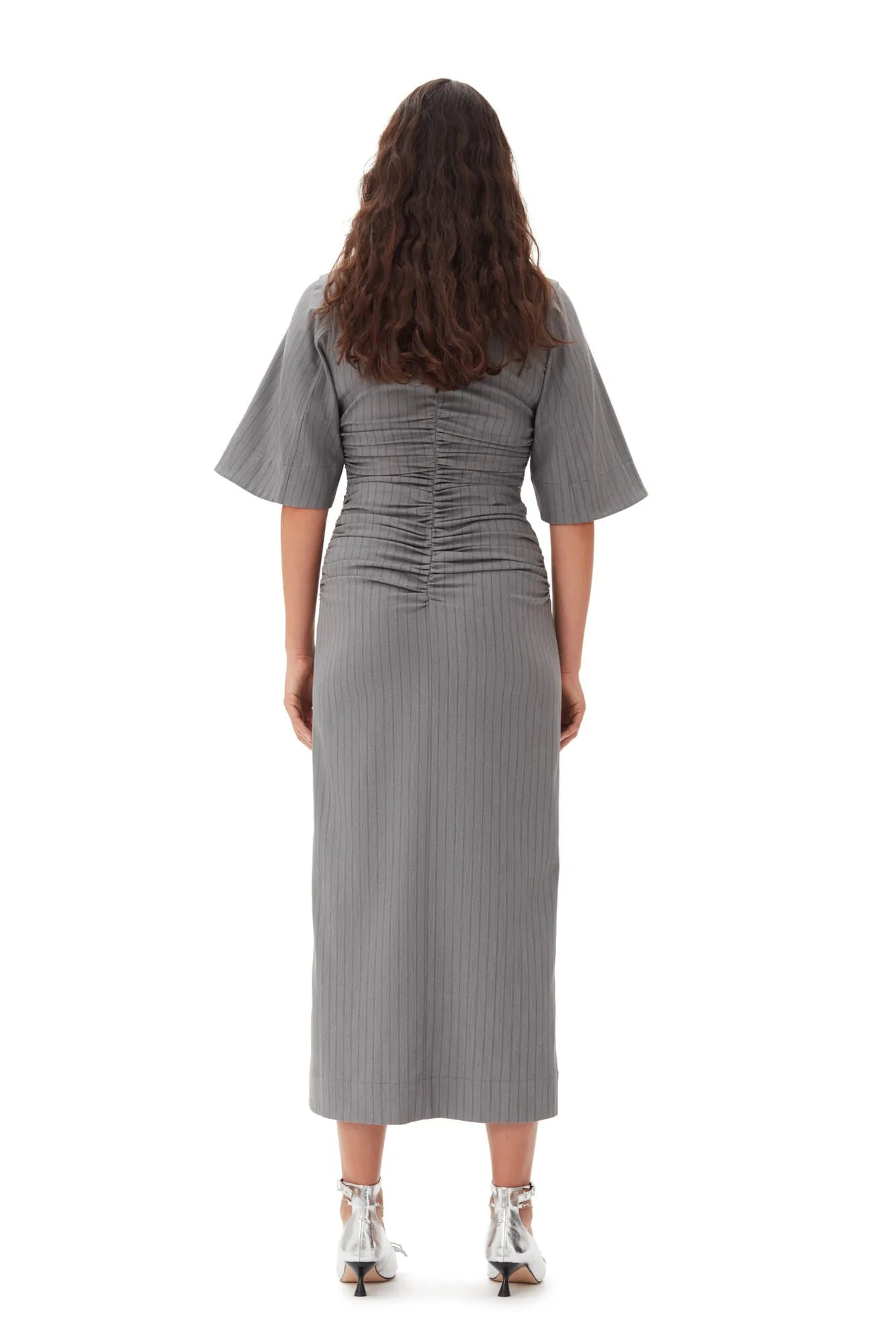 Grey Striped Suiting V-Neck Fitted Dress