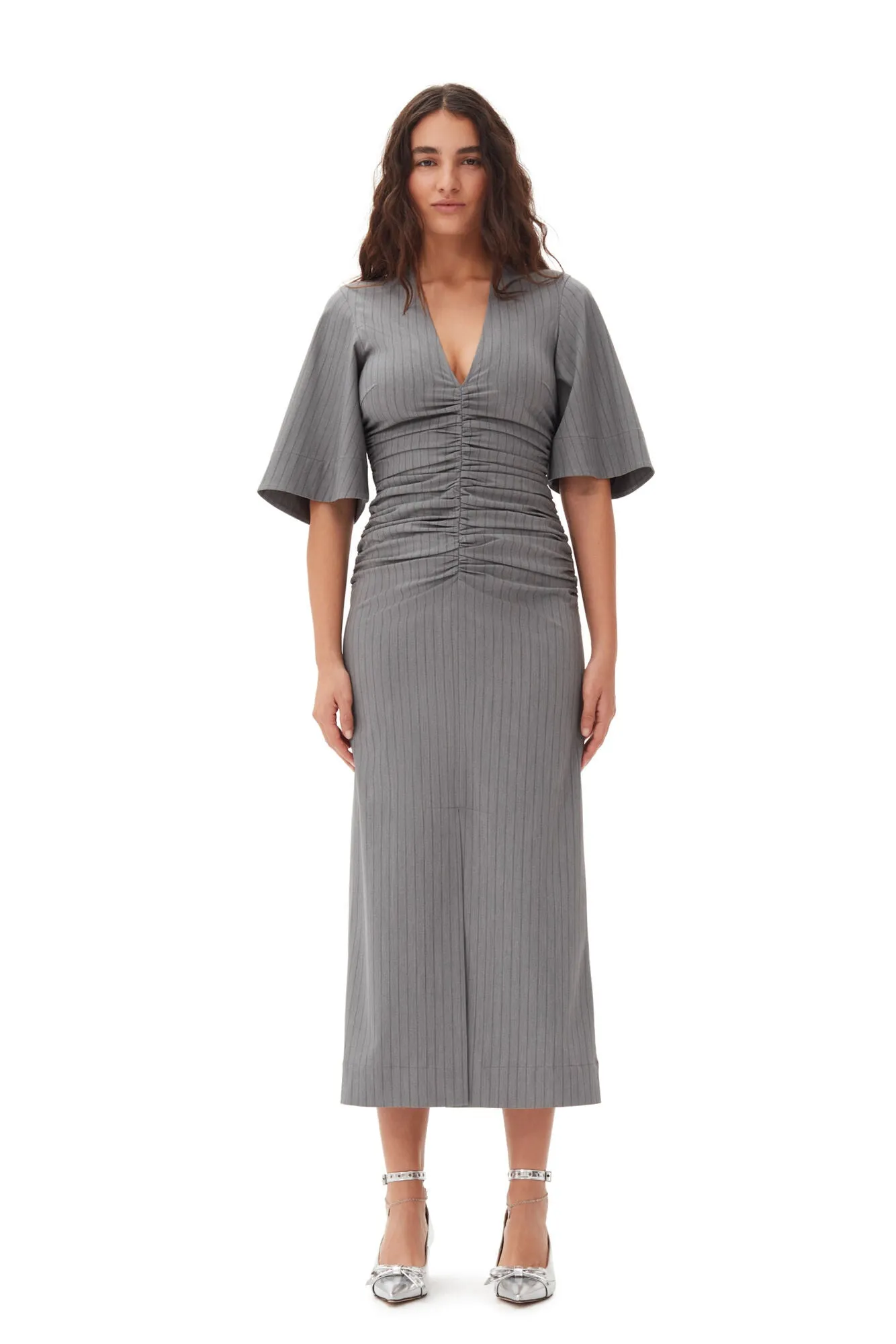 Grey Striped Suiting V-Neck Fitted Dress