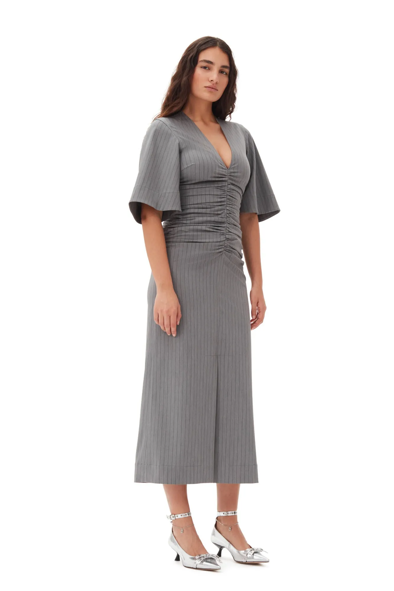 Grey Striped Suiting V-Neck Fitted Dress