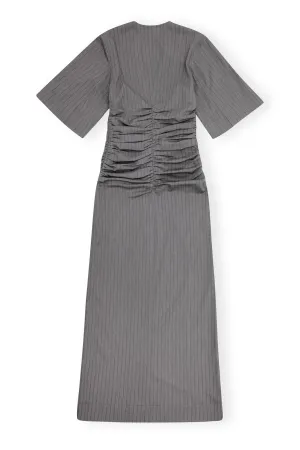 Grey Striped Suiting V-Neck Fitted Dress
