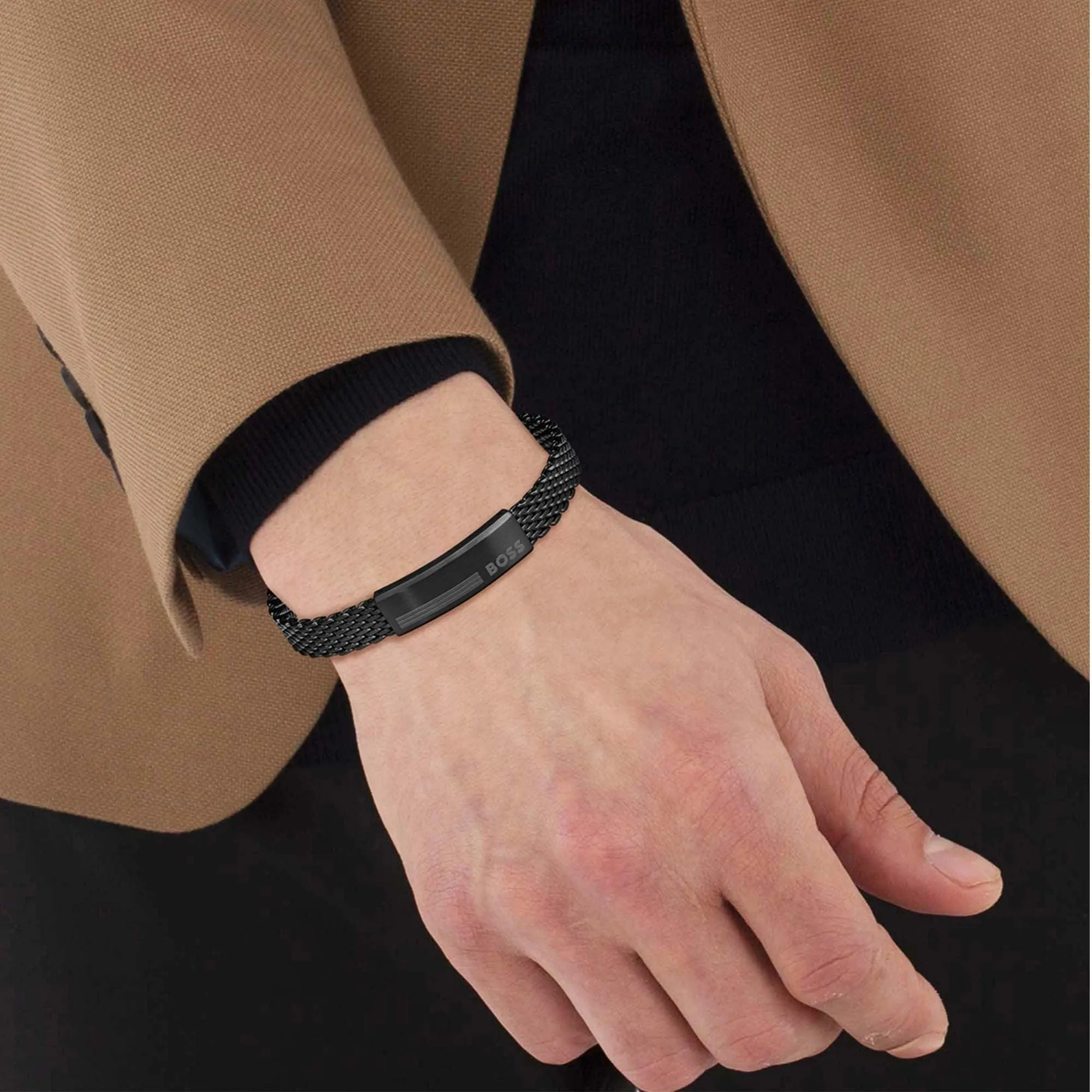 Hugo Boss Jewellery Men's Alen Black IP Mesh Bracelet 1580612