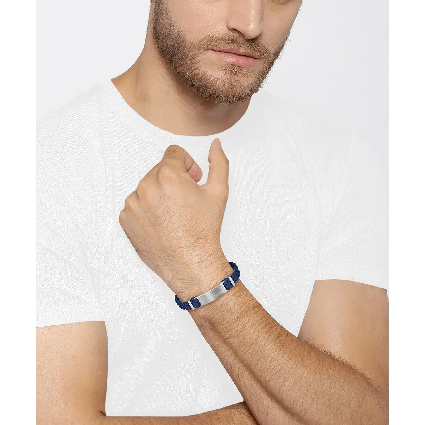 Hugo Boss Jewellery Men's Dylan Navy Blue Leather Stainless Steel Plate Bracelet 1580609M