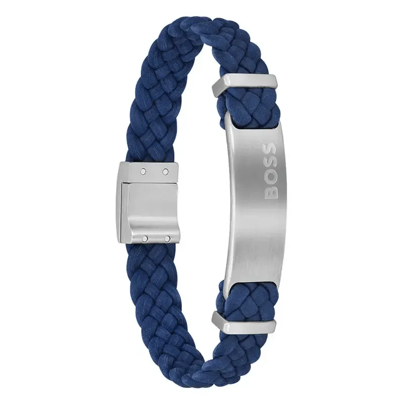 Hugo Boss Jewellery Men's Dylan Navy Blue Leather Stainless Steel Plate Bracelet 1580609M