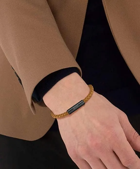 Hugo Boss Men's Yellow Vachetta Braided Leather Bracelet With Black IP Magne