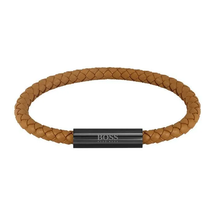 Hugo Boss Men's Yellow Vachetta Braided Leather Bracelet With Black IP Magne