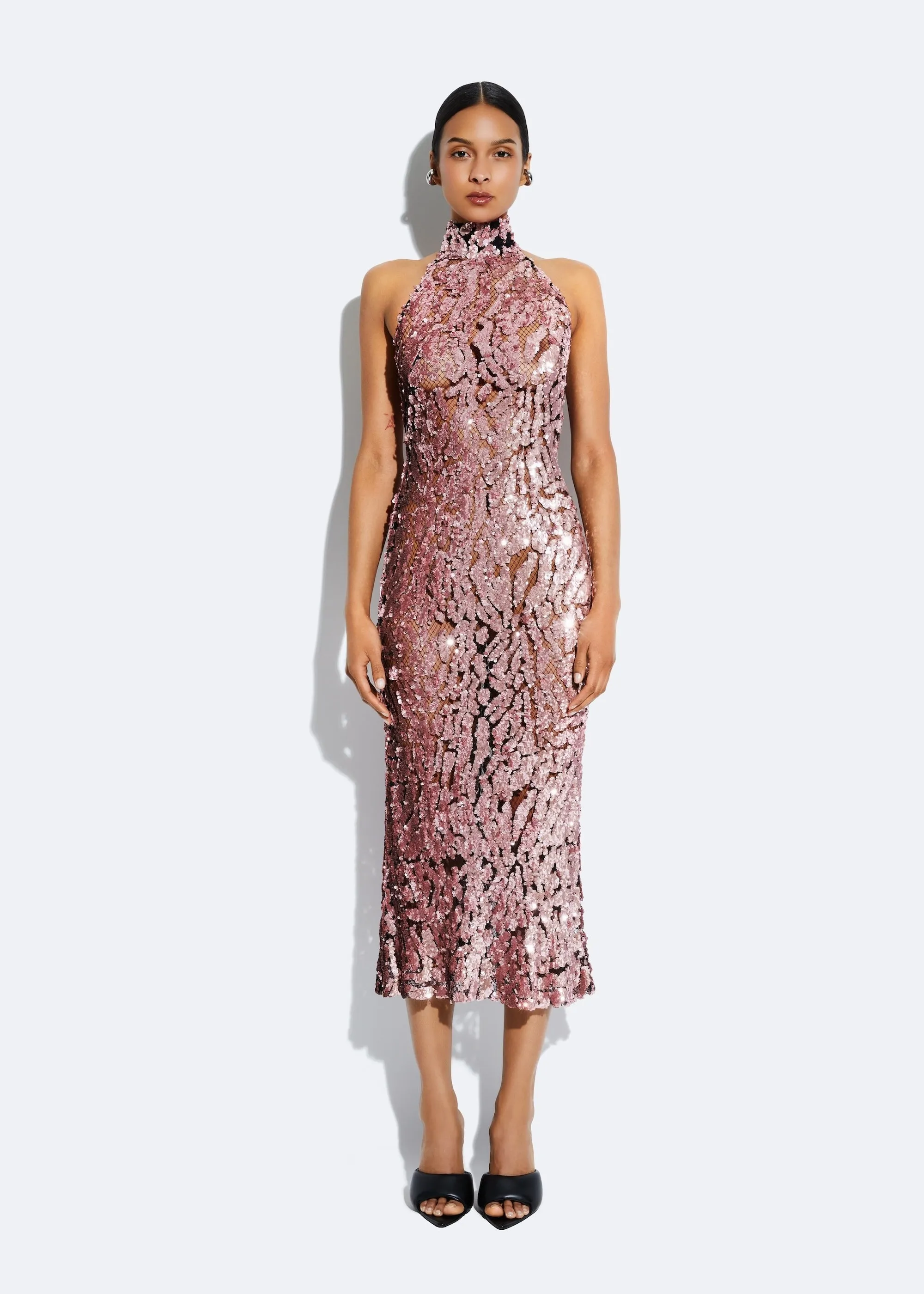 LaPointe Sequin Halter Open-Back Dress in Mauve