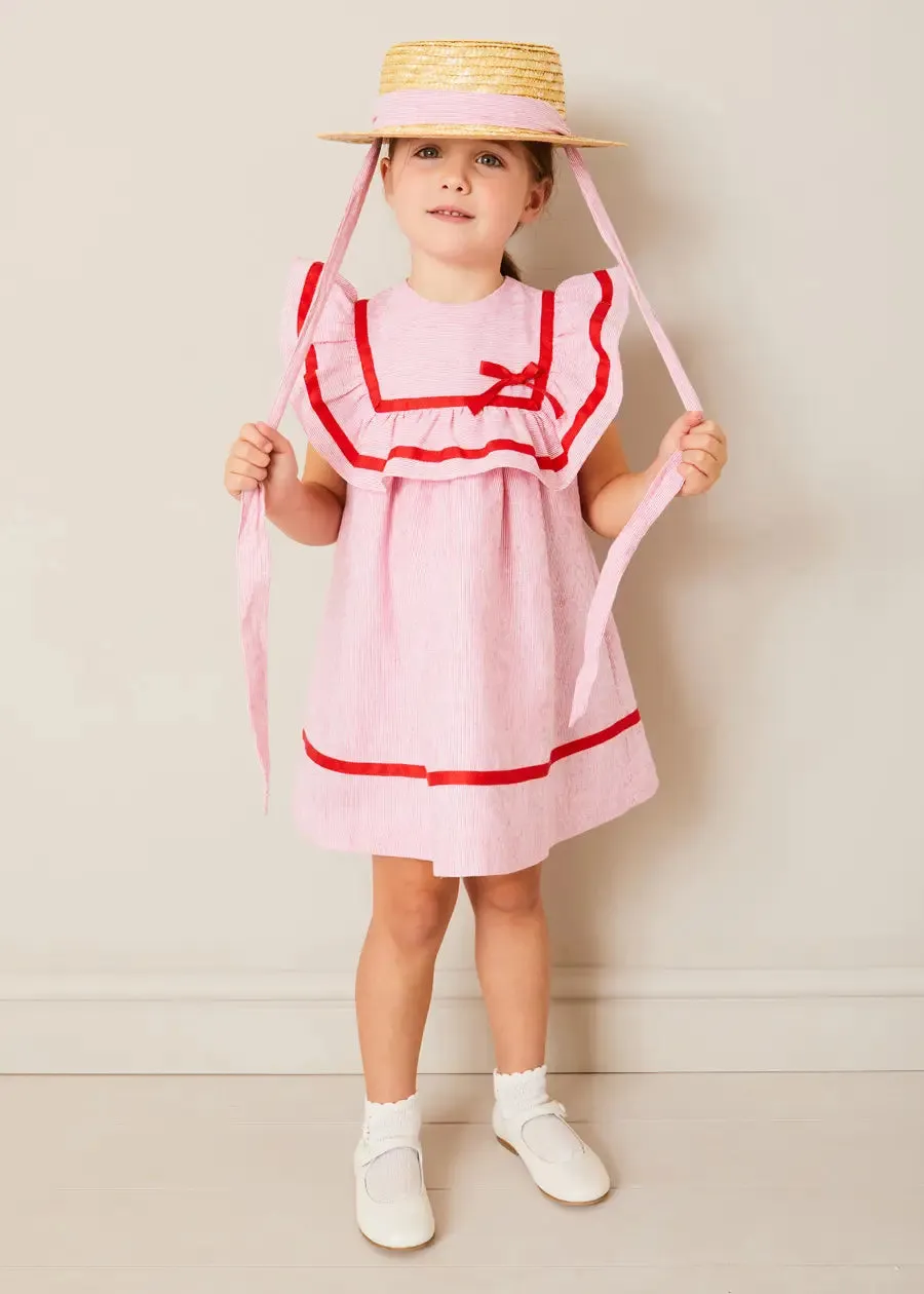 Lawrence Striped Ruffle Bib Sleeveless Dress in Red (12mths-8yrs)