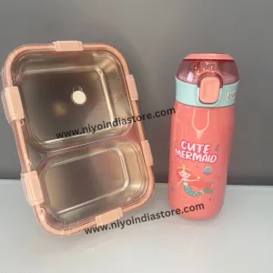 Leak-Proof 2-Compartment 800ml Lunch Box and Portable Insulated Stainless Steel Water Bottle 500ml Combo"