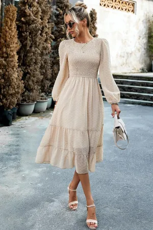 Long Sleeves Dotted Smocked Tiered Midi Dress
