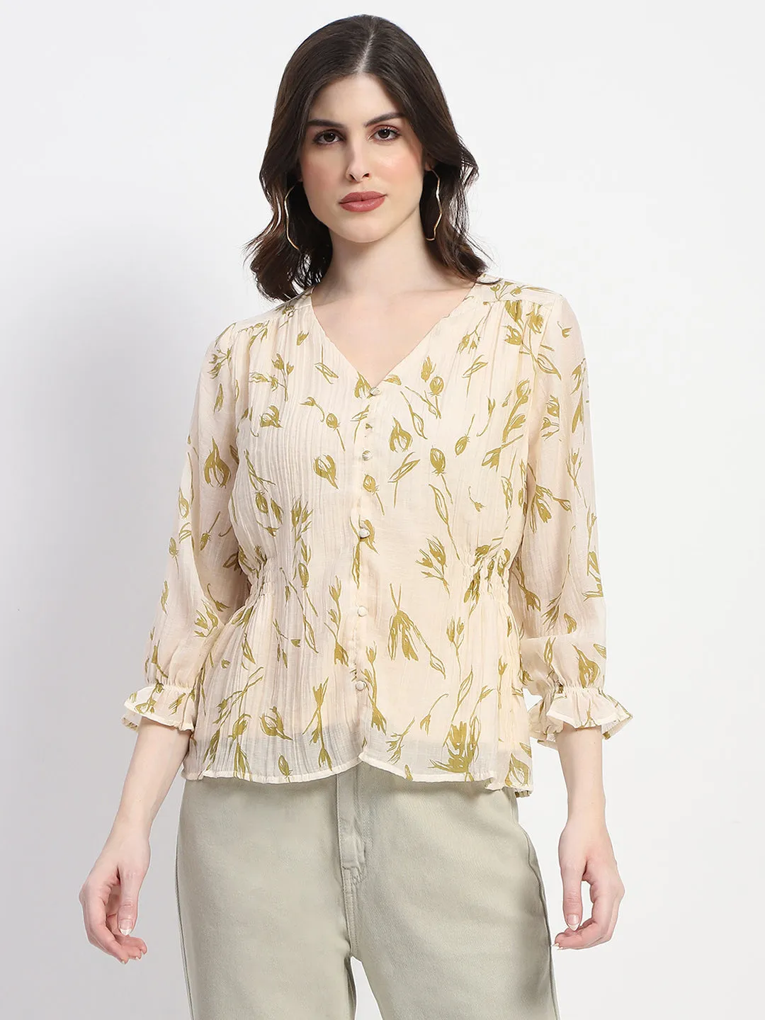 Madame Abstract Print V- Neck Olive Rayon Top