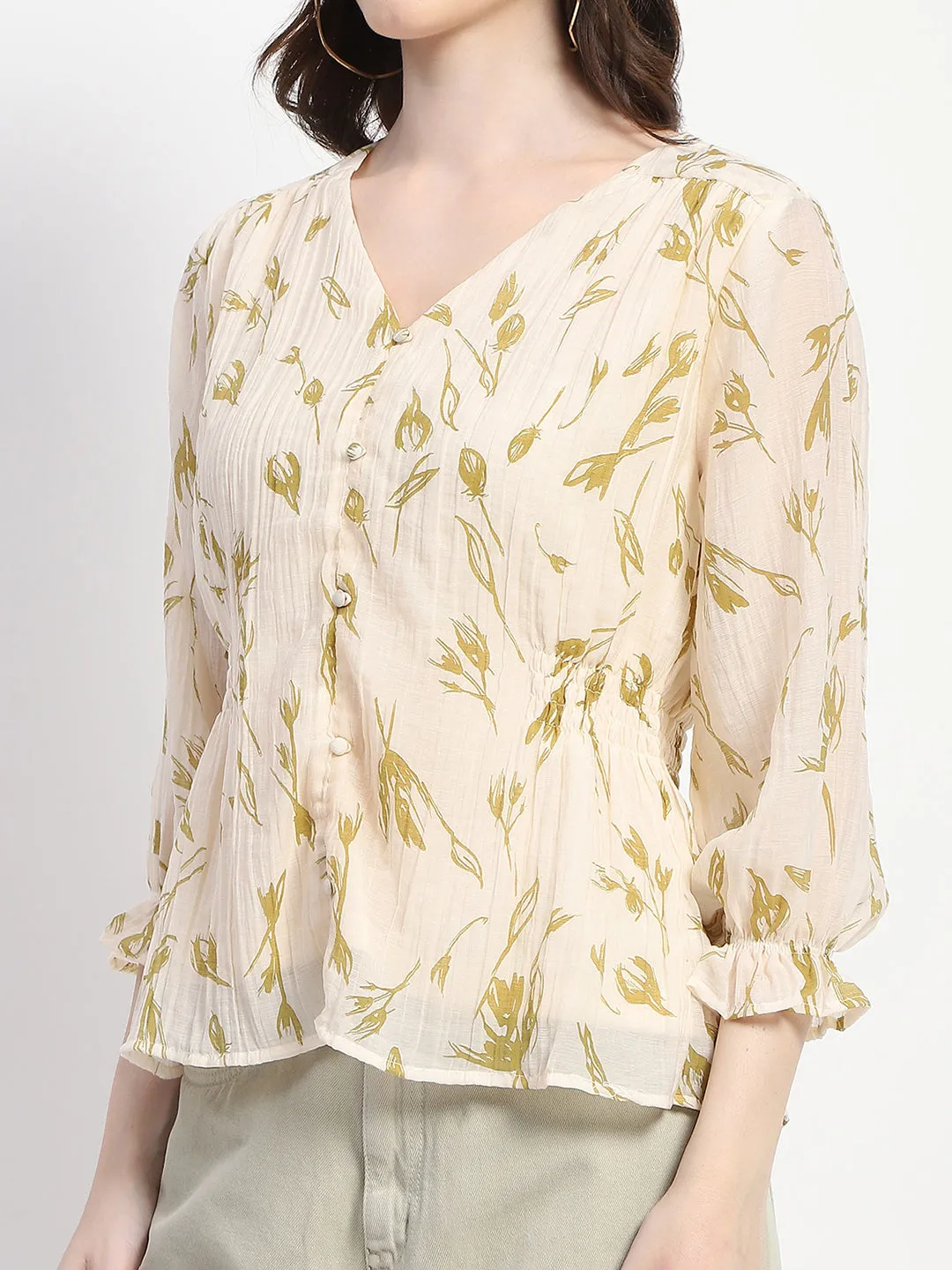 Madame Abstract Print V- Neck Olive Rayon Top