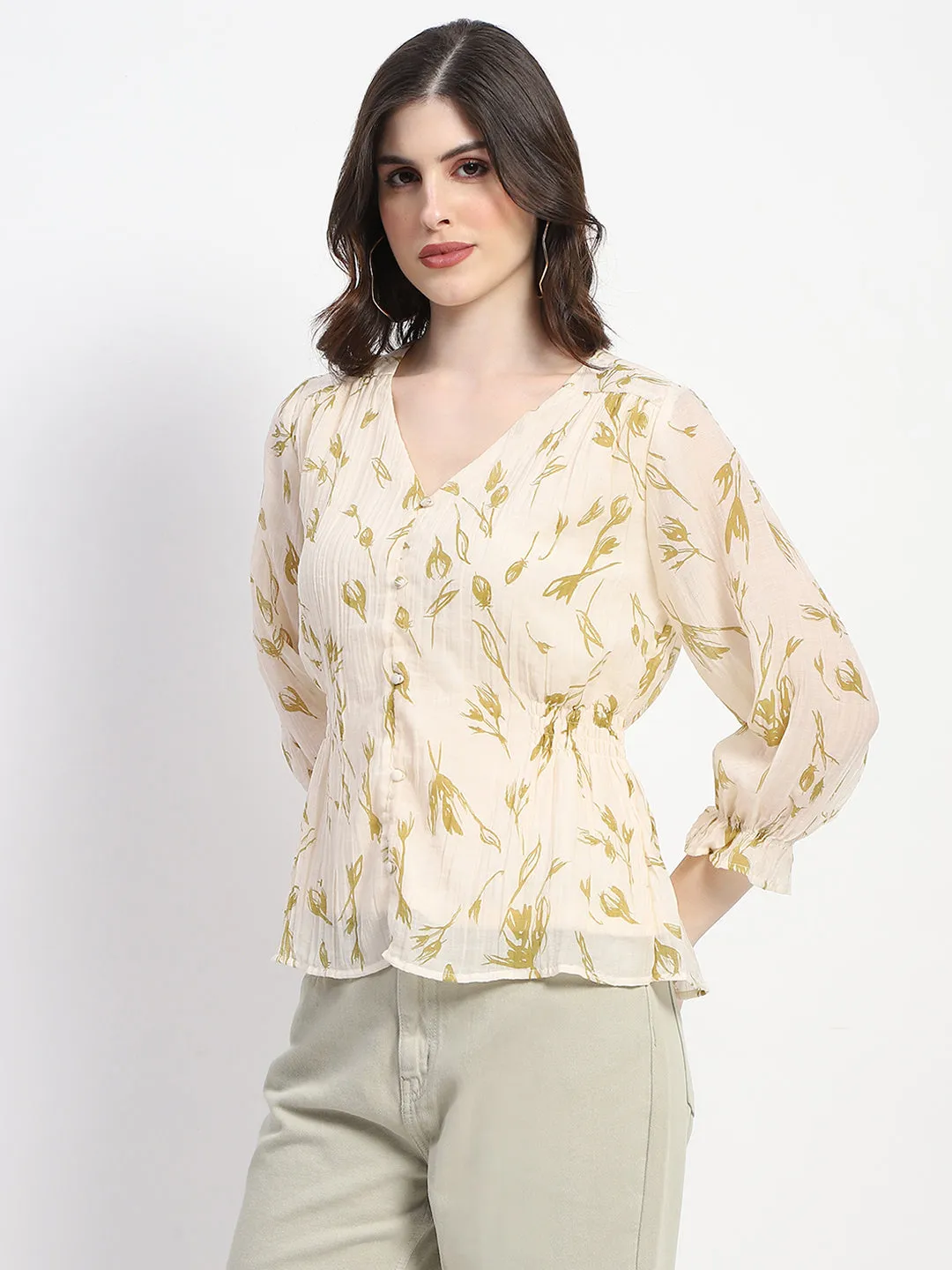 Madame Abstract Print V- Neck Olive Rayon Top