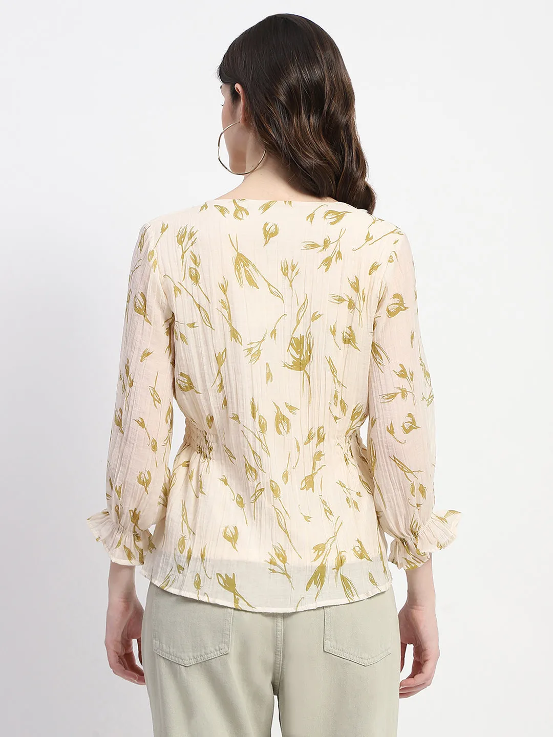 Madame Abstract Print V- Neck Olive Rayon Top