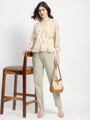 Madame Abstract Print V- Neck Olive Rayon Top