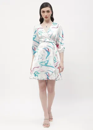 Madame Surplice Neck Off-White Abstract Print Wrap Dress