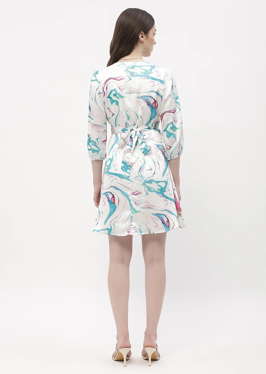 Madame Surplice Neck Off-White Abstract Print Wrap Dress