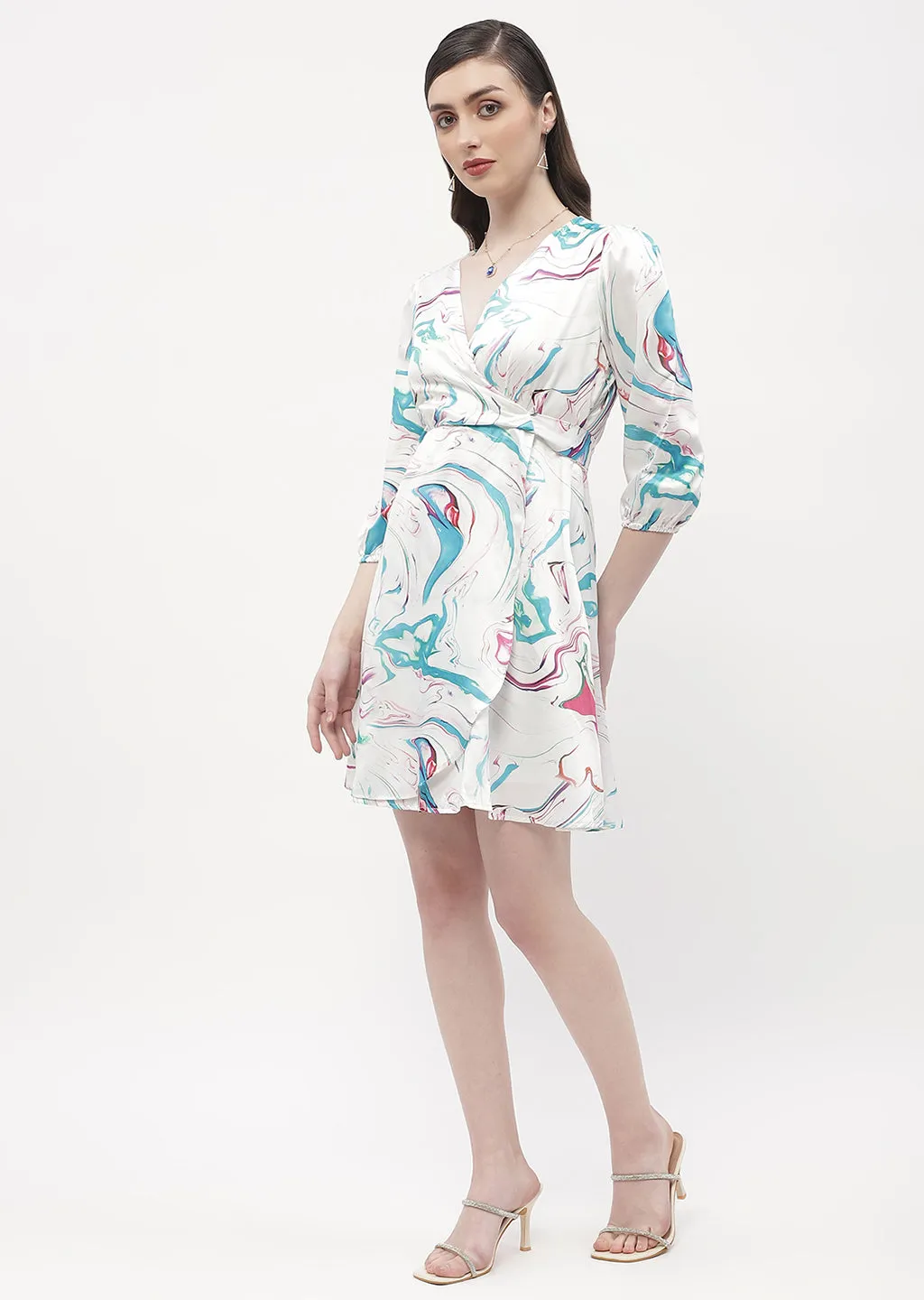 Madame Surplice Neck Off-White Abstract Print Wrap Dress