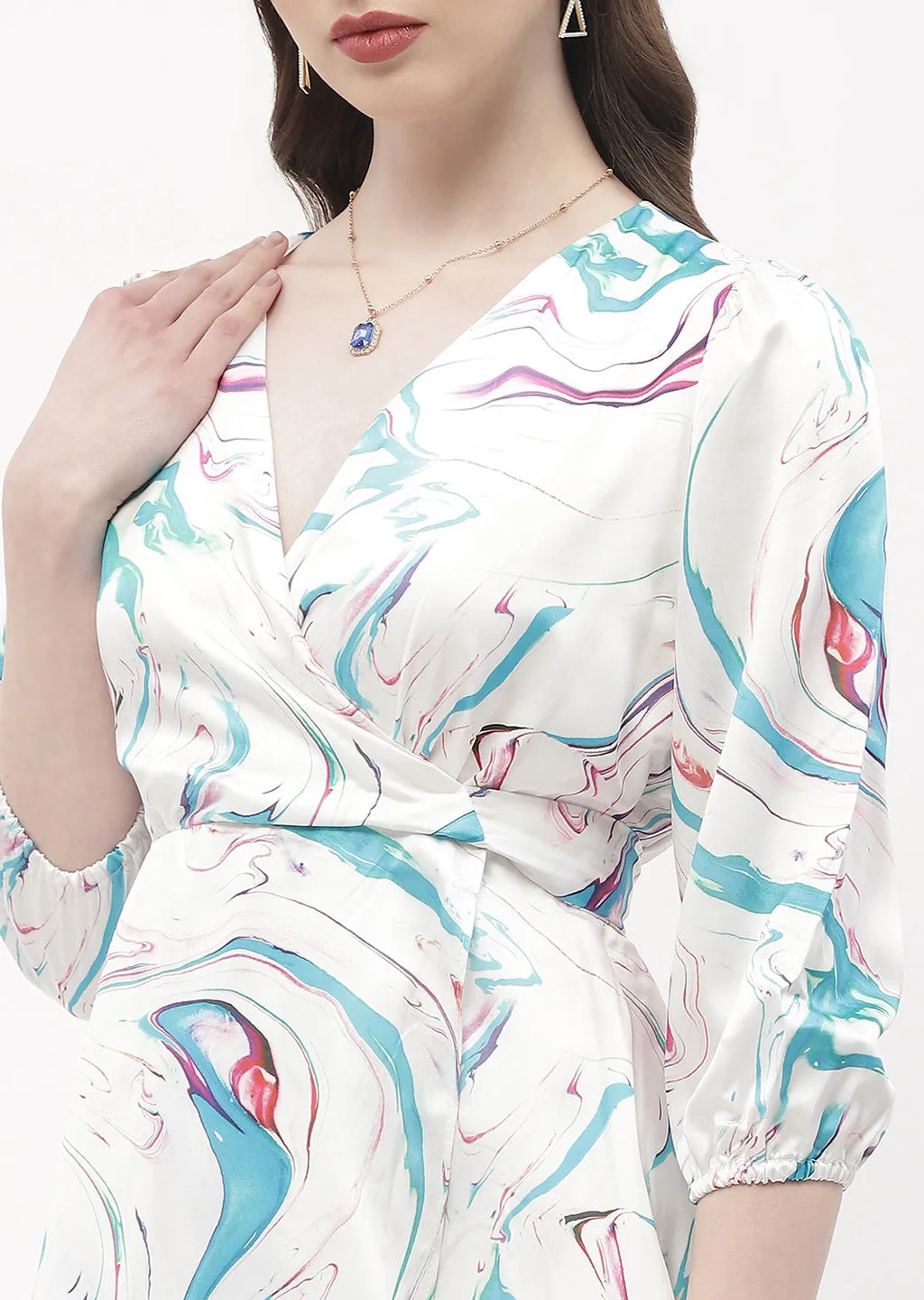 Madame Surplice Neck Off-White Abstract Print Wrap Dress