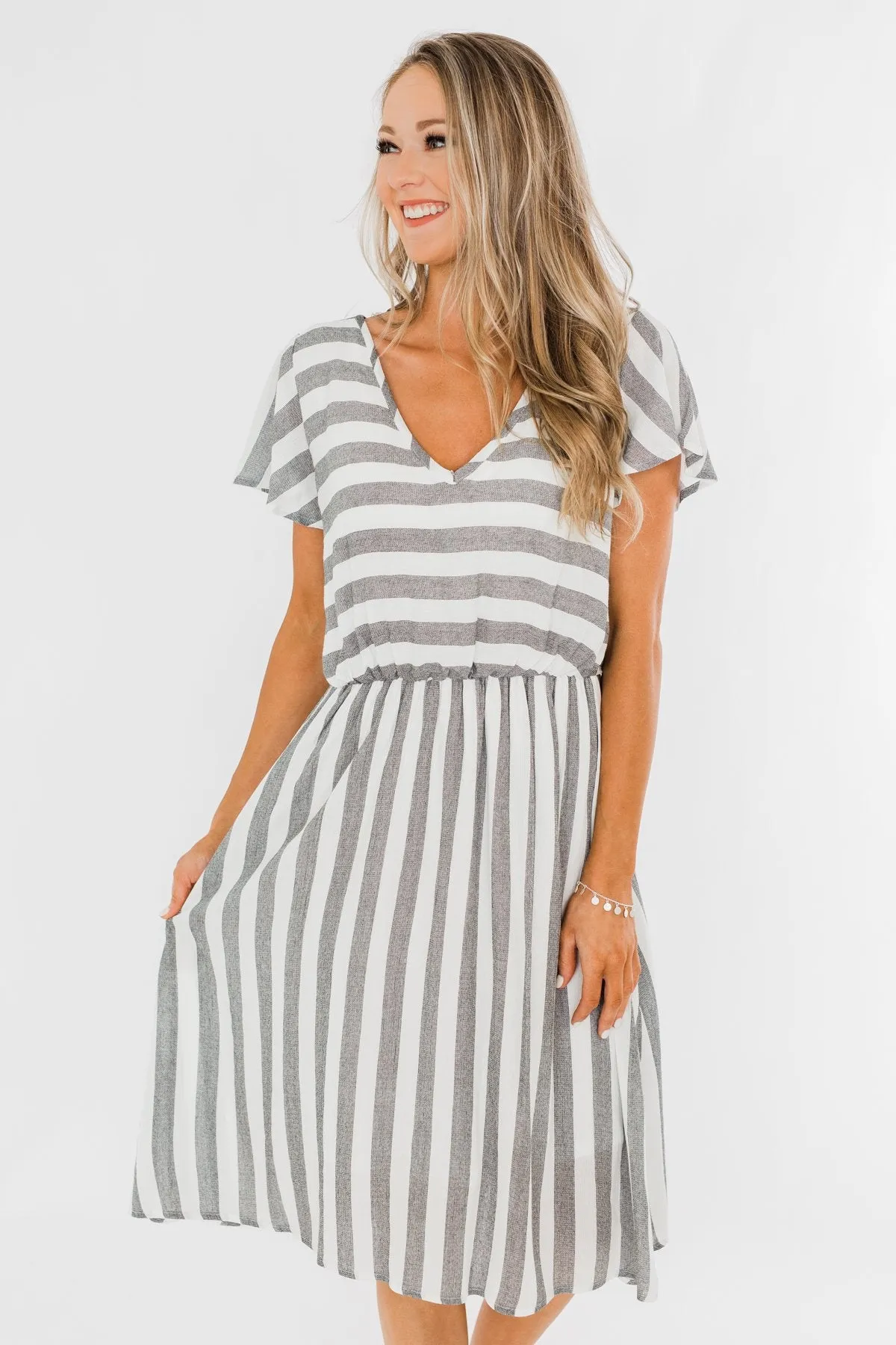 Make My Heart Race Striped Dress- Ivory & Charcoal