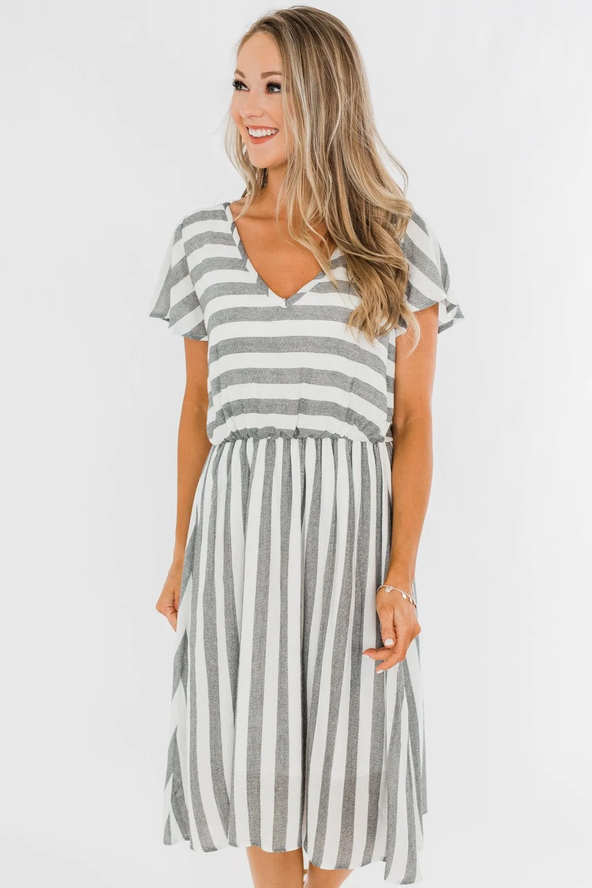 Make My Heart Race Striped Dress- Ivory & Charcoal