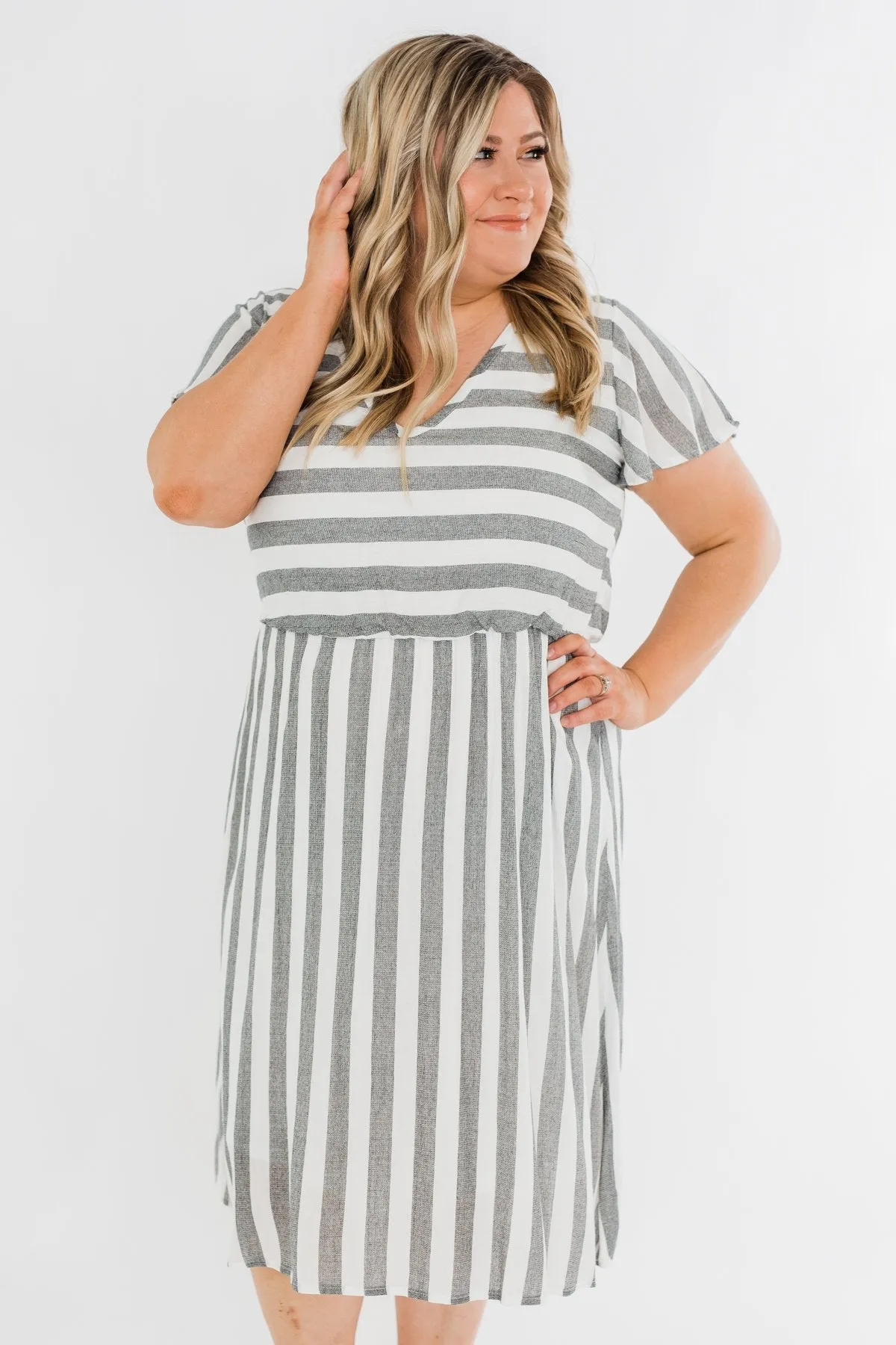Make My Heart Race Striped Dress- Ivory & Charcoal