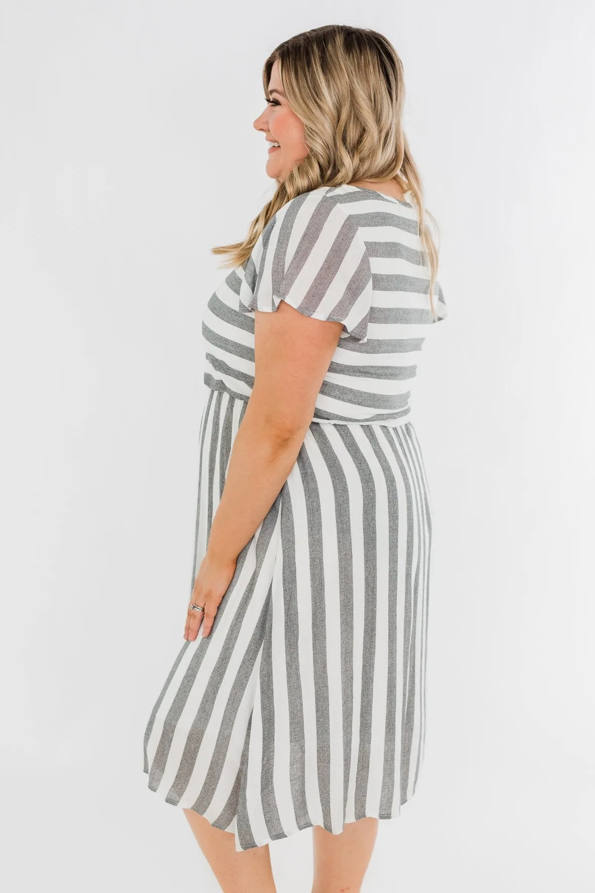 Make My Heart Race Striped Dress- Ivory & Charcoal