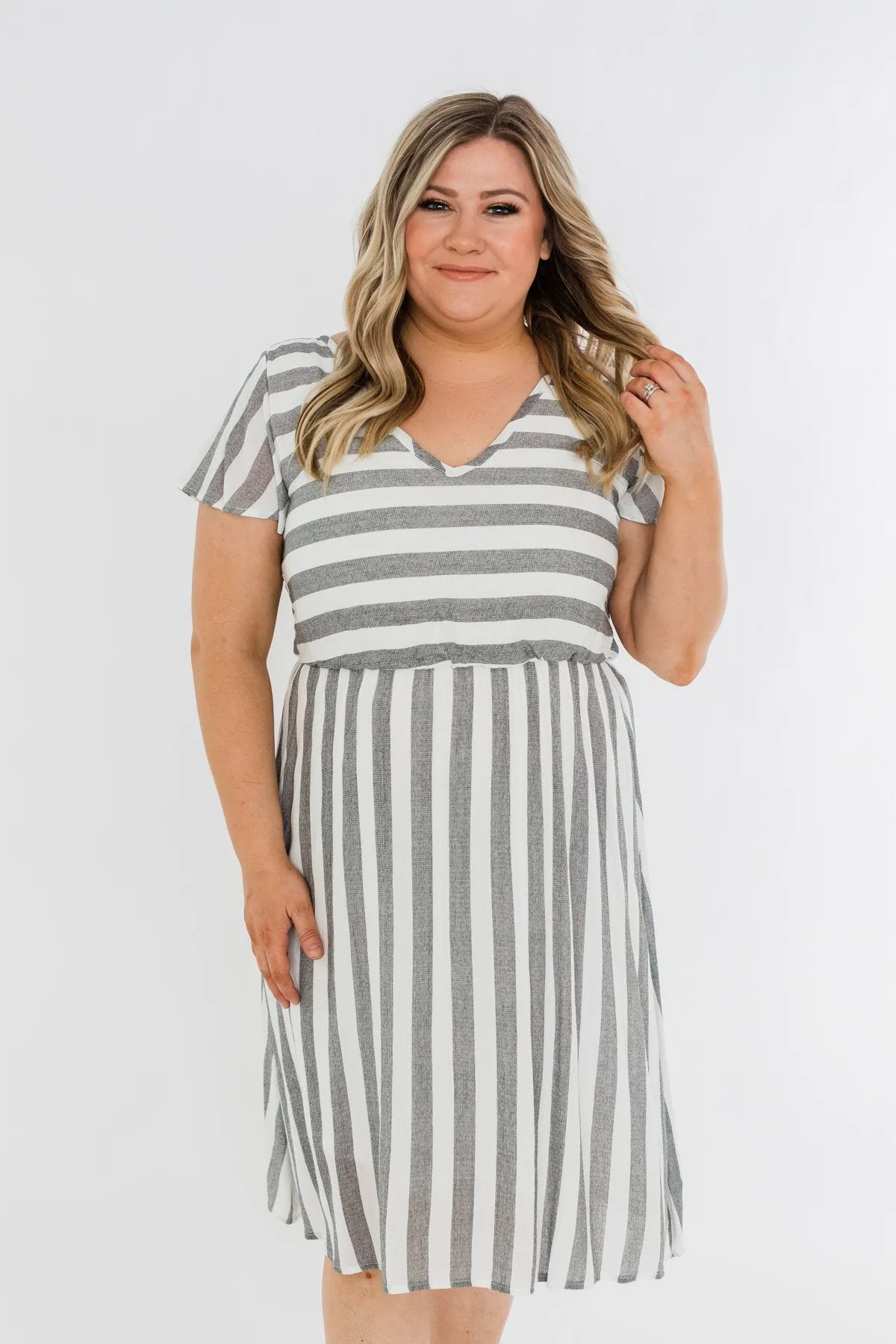 Make My Heart Race Striped Dress- Ivory & Charcoal