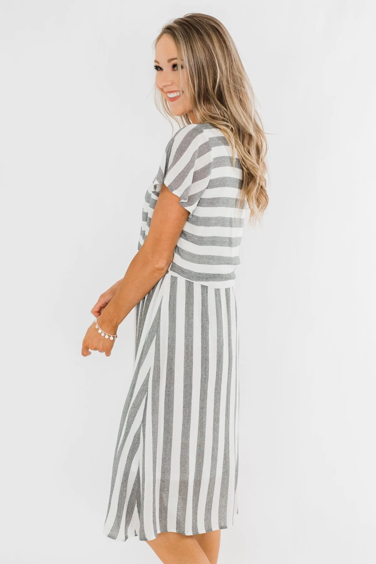 Make My Heart Race Striped Dress- Ivory & Charcoal