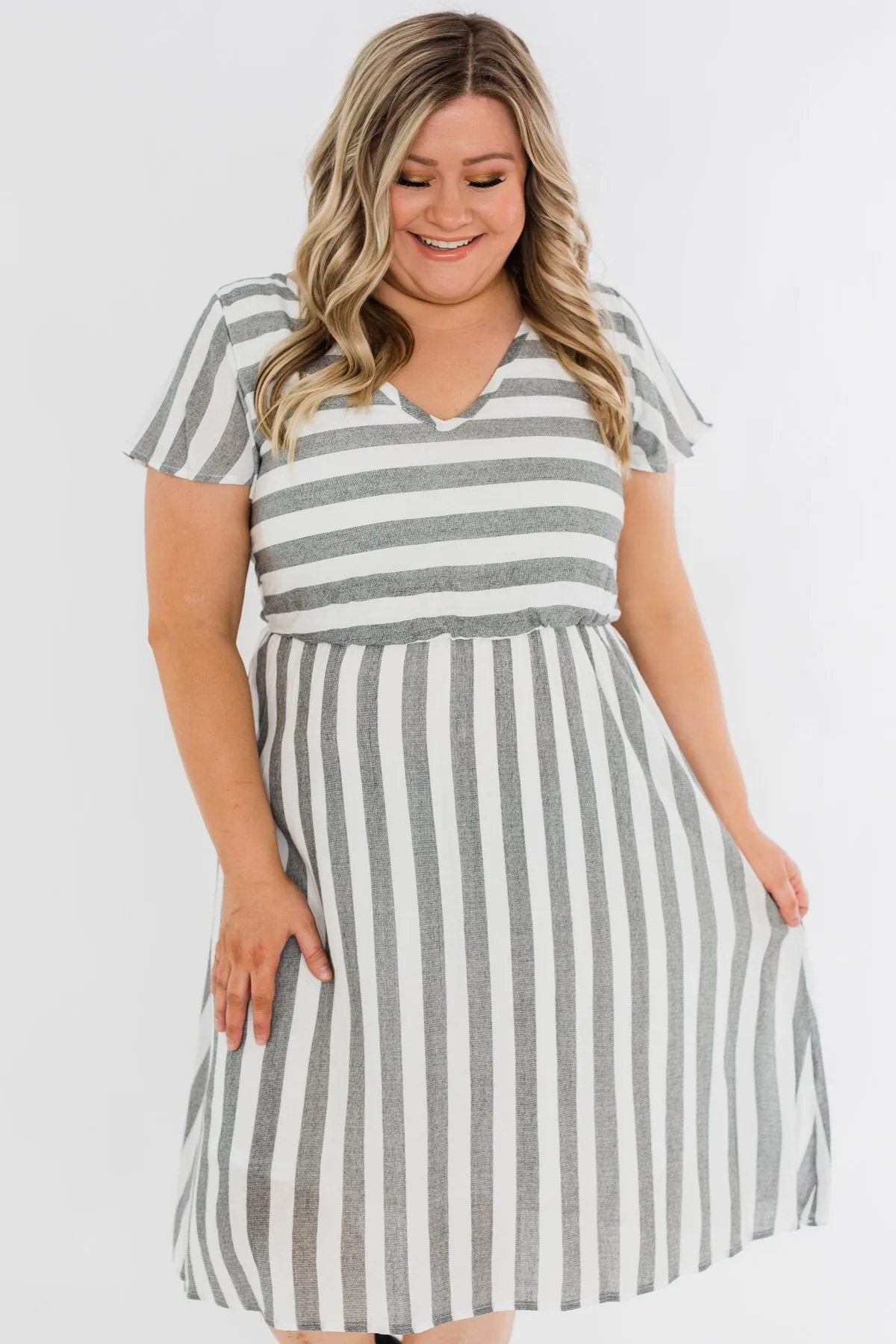 Make My Heart Race Striped Dress- Ivory & Charcoal